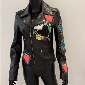 House of Holland Embroidered Leather Biker Jacket | UK 10 / US 6 Made in UK New